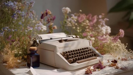 Minimalist flat lay showcasing a weathered typewriter, fresh white paper ready for words, an empty envelope, scattered dried flowers, and a dark ink bottle — a softly poetic arrangement symbolizing