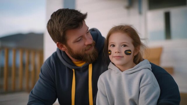 Father and daughter sitting on the porch before a local game, carefully painting matching team logos on their cheeks &mdash; a heartfelt image of family bonding, shared excitement, and generational love
