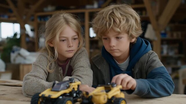 Parents fixing a repairable children&rsquo;s toy by swapping in new wheels and reattaching modular limbs, teaching kids about sustainability &mdash; educational repair culture, durable playthings, and