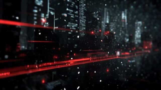 Nighttime cityscape traffic on a highway road bordered by illuminated urban buildings and skyscrapers