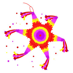 A colorful Mexican traditional star piñata for the Posada festival, flying with confetti