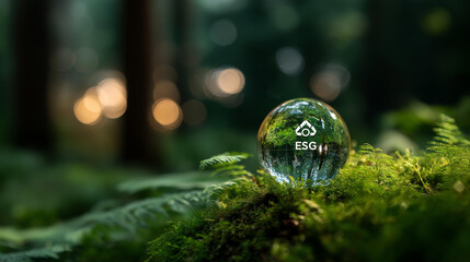 Fototapeta premium Glass globe in green forest with ESG icon environment CO2 circular company net zero technology display sustainable business governance green company concept defocused nature