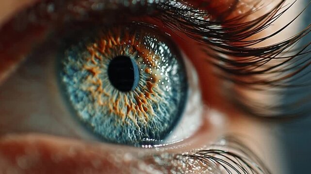 Extreme macro close-up of human eye, focusing on detailed iris patterns and colors (blue-green hazel)