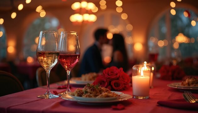 Romantic dinner setting. Kissing couple celebrate valentines day at luxury restaurant. Wine glasses stand on table. Lit candle and roses. Food plates prepared for dating in evening. - Powered by Adobe
