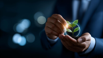 Faceless businessman hand selecting circular economy icon virtual screen interface sustainability concept visualization eco friendly business innovation carbon footprint