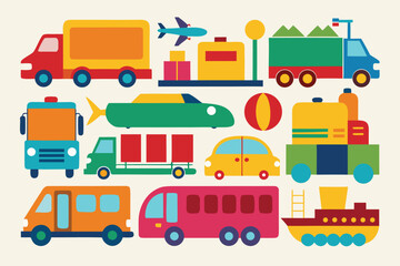 Colorful vehicles transportation icons set illustration design