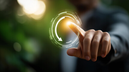 Faceless hand showing arrow infinity symbol circular economy visualization infinite unlimited system future business growth environmental sustainability design