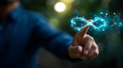 Faceless hand showing arrow infinity symbol circular economy visualization infinite unlimited system future business growth environmental sustainability design