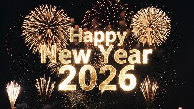 Happy New Year 2026 lettering with colorful fireworks exploding in the night sky for holiday celebration