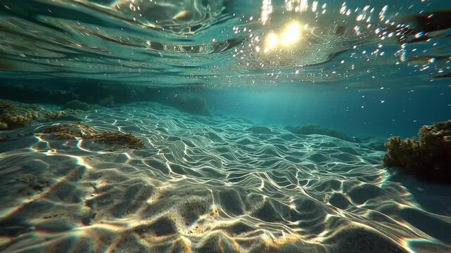 Extreme underwater macro shot of sunlight caustics dancing on rippled sand bottom.