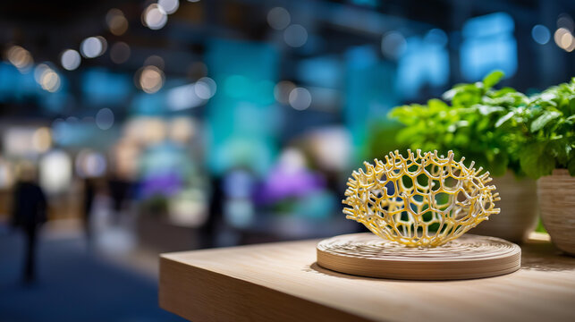 Biomaterial prototype demonstration at sustainability meeting eco friendly material display circular economy innovation renewable resource presentation environmental - Powered by Adobe