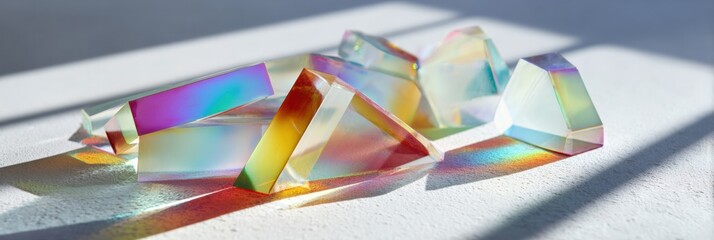 Colorful prismatic glass shards reflecting sunlight on white surface
