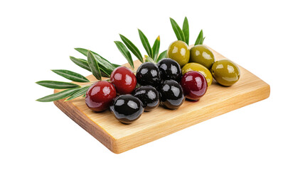 A wooden board with a bunch of black and red olives