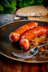 Fried sausage with onions.