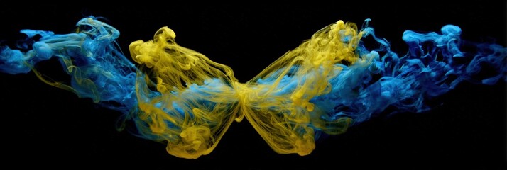 Colorful abstract design with yellow and blue smoke swirls on black background