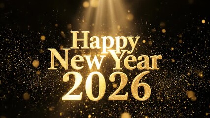 Happy New Year 2026 lettering with golden particles and light rays. Festive holiday wish for celebration template.
