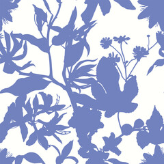 Exotic leaves and palms and flowers illustration. Vintage sihouette seamless pattern.