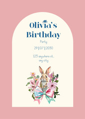 Baby shower, birthday bunny invitation card. Hand drawn watercolor bunny background for little Princess.