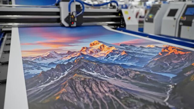 Large format printer producing mountain landscape artwork