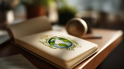 Sketchbook with circular economy illustration earth ball beside notebook sustainability concept visualization environmental education display eco friendly planning