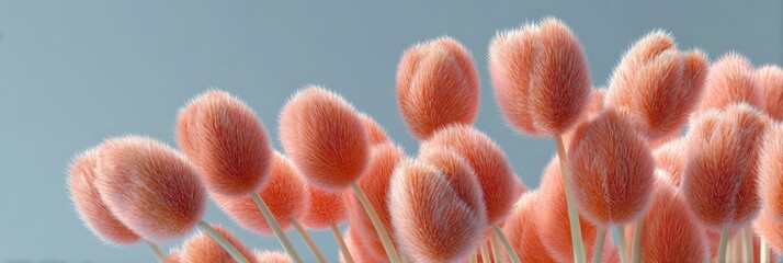 Pink dried bunny tail grass stems against soft blue background