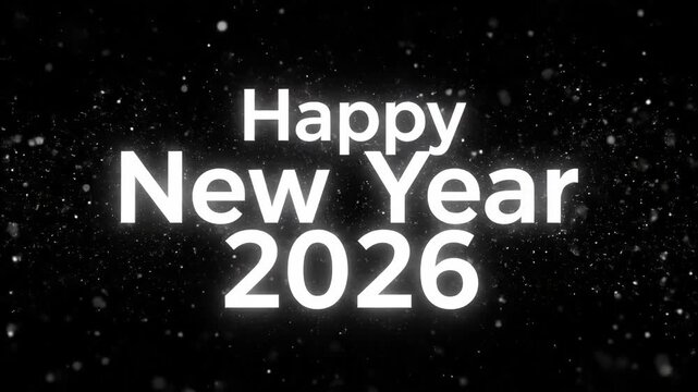Happy New Year 2026 lettering with white particle animation on black background. Holiday greeting card design and celebration concept.
