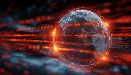 Futuristic Display Of A Dotted Globe Glowing At Its Core In Virtual Cyberspace, Streaming Binary Code Digits In Technology Network Visualization.
