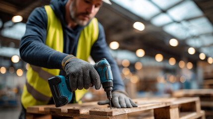 Faceless carpenter hands wearing safety equipment pneumatic nail gun operation wooden pallets assembly recycling factory work sustainable manufacturing process