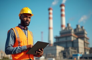 African American man wears yellow hard hat, orange safety vest, blue shirt. Holds digital tablet, looking seriously. Industrial factory with tall smokestacks, power plant structures stands under