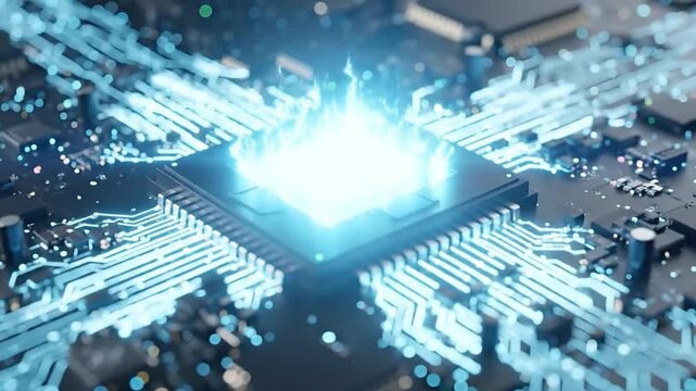 Futuristic CPU Close-Up with Blue Energy and Data Flow on Circuit Board