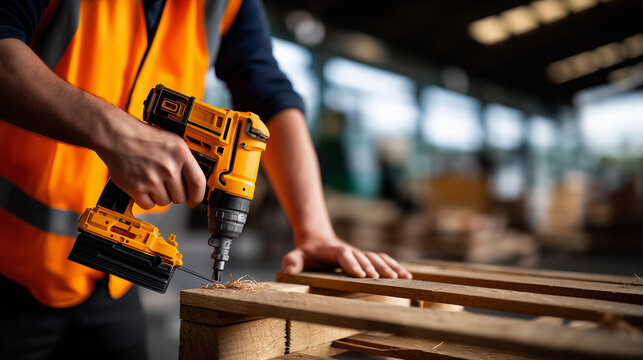 Faceless carpenter hands wearing safety equipment pneumatic nail gun operation wooden pallets assembly recycling factory work sustainable manufacturing process