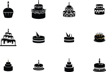 Birthday cake silhouette vector icons isolated on white.