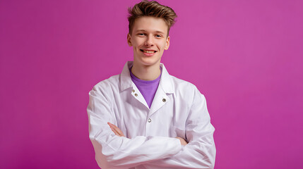 Confident young professional in a lab coat, smiling against a vibrant magenta background. Ready for science, research, or a healthcare career, showcasing expertise and reliability.