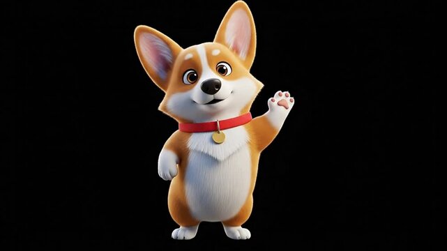 Cute Cartoon Corgi Dog Standing and Waving with Red Collar