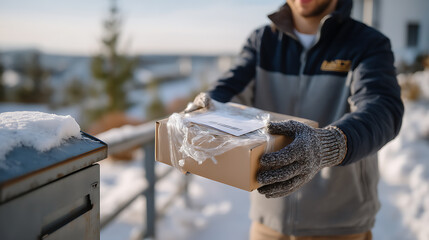 A delivery person carrying a package to a house in winter. The person is wearing gloves and a jacket. A snowy mailbox is in the foreground. The background is blurred to highlight subject.