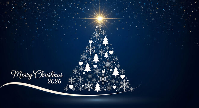 Blue background with star and shiny particle effect, Christmas tree design with white snowflakes and hearts, festive showcase for a holiday celebration - Powered by Adobe
