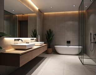 Modern bathroom features concrete walls, double white sinks on wood vanity, black wall mount faucets. Large mirror with LED strip light. Freestanding bathtub, glass shower. Light floor tiles, green