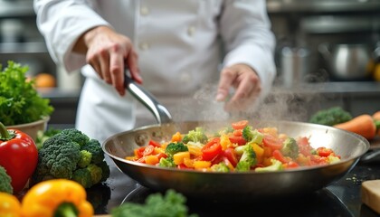 Professional chef stirs colorful vegetables in hot pan. Steam rises from fresh produce cooking in a busy restaurant kitchen. Delicious food preparation with healthy ingredients.