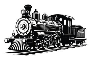 Vintage steam locomotive train black and white illustration railroad transportation retro classic engine © Creative Graphic Des