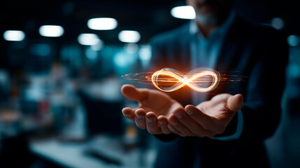 Faceless businessman hands holding infinity circular economy symbol sustainable strategy approach waste pollution elimination future business growth environmental protection