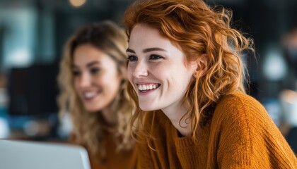 Redhead Woman Leading Group Of Happy Female Entrepreneurs Reading Email Together In Office, With Focus On Her. Dynamic Collaboration Scene.