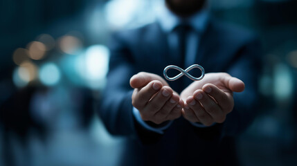 Faceless businessman hands holding infinity circular economy symbol sustainable strategy approach waste pollution elimination future business growth environmental protection