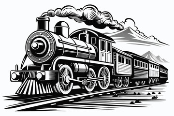 Vintage steam locomotive train mountain landscape black white illustration © Creative Graphic Des