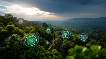 Fototapeta premium Aerial view of green trees with ESG icons ecology sustainable environment development green business concept circular economy supply chain renewable energy carbon emission