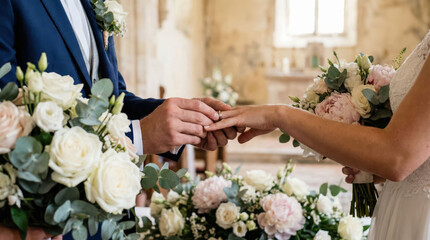 Vows marriage ring exchange bride groom bouquet floral ceremony