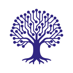 Naklejka premium Logo combining a tree with a circuit board pattern, symbolizing digital growth, data connections, and tech roots. Ideal for IT services branding. Available as high-quality PNG, JPG, and EPS files.