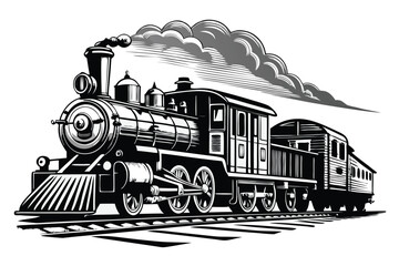 Vintage steam train locomotive railroad journey travel retro black and white illustration © Creative Graphic Des
