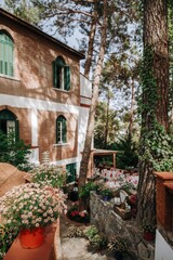 Fototapeta premium Scenic view of a brick building with green shutters and outdoor event tables framed by pink potted flowers and tall pine trees.
