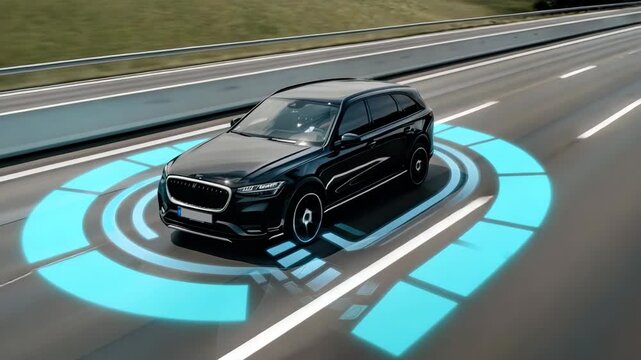 An autonomous vehicle demonstrates its driving capabilities while navigating a highway using cutting-edge technology for enhanced safety