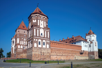 Mir castle in Belarus clear blue sky background